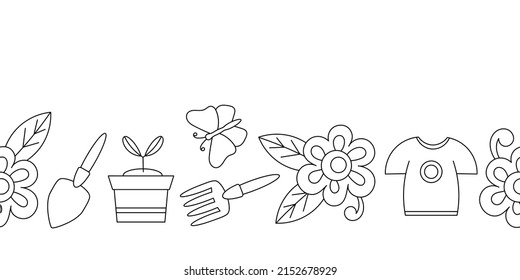 Seamless border. Garden tools, seedlings, butterflies. Black and white Vector illustration.