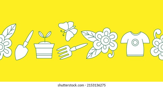 Seamless border. Garden tools, seedlings, butterflies. Vector illustration on yellow background.