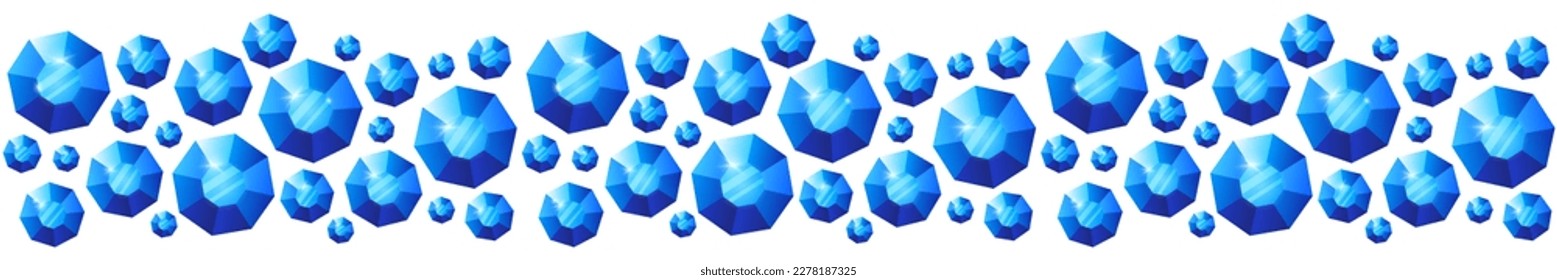 Seamless border garland with 3D light blue diamonds. Isolated vector illustration on white background