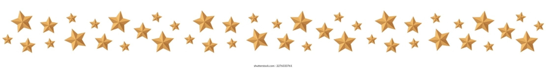 Seamless border garland with 3D yellow golden stars. Can be used for card, borders, kids' bedding, textile. Isolated vector illustration on white background.