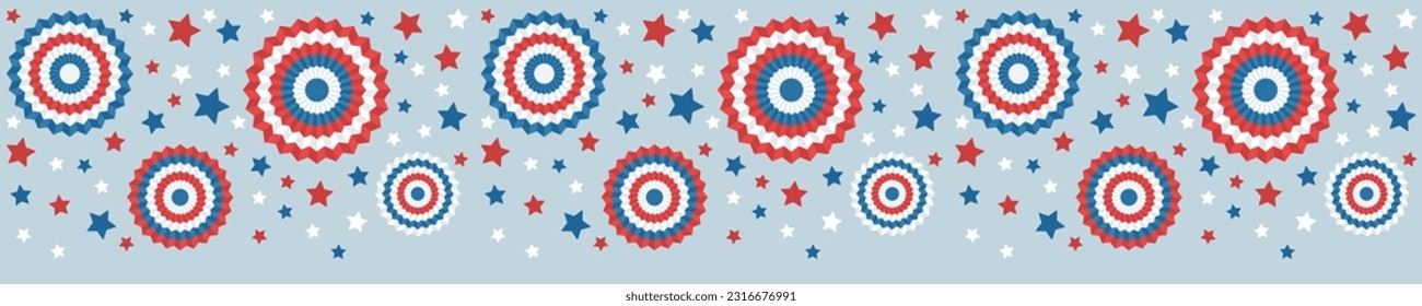 Seamless border garland with paper fans and stars in American colors. Decorations for USA independence day. Isolated vector illustration.