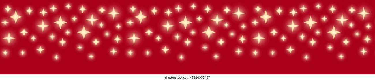 Seamless border garland with shining stars on red background. Good for New Year and Christmas cards, borders, gift paper packaging. Isolated vector.