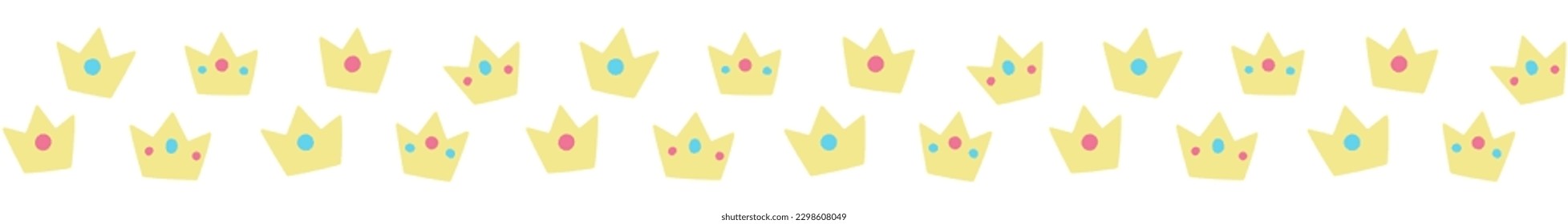 Seamless border garland. Yellow crowns with diamonds. Isolated vector pattern on white background.