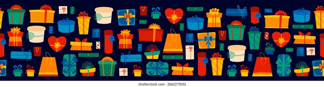 Seamless border of gift box different shapes Happy New Year set illustration on dark blue background. Vector art