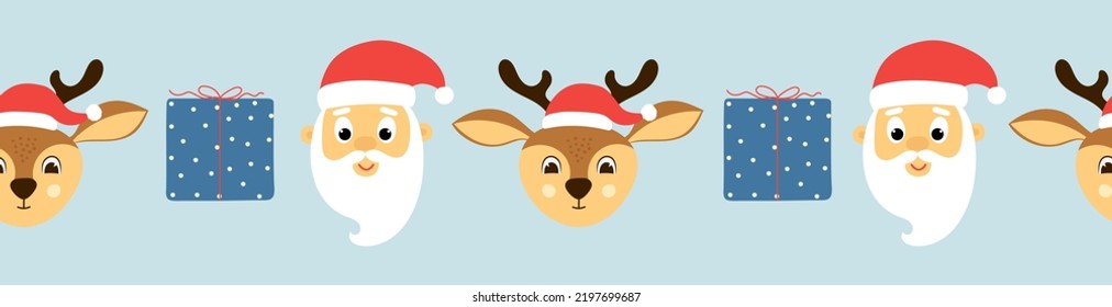 Seamless border of gift boxes, cute santa claus and deer head on blue background. Template for Christmas design. Vector illustration