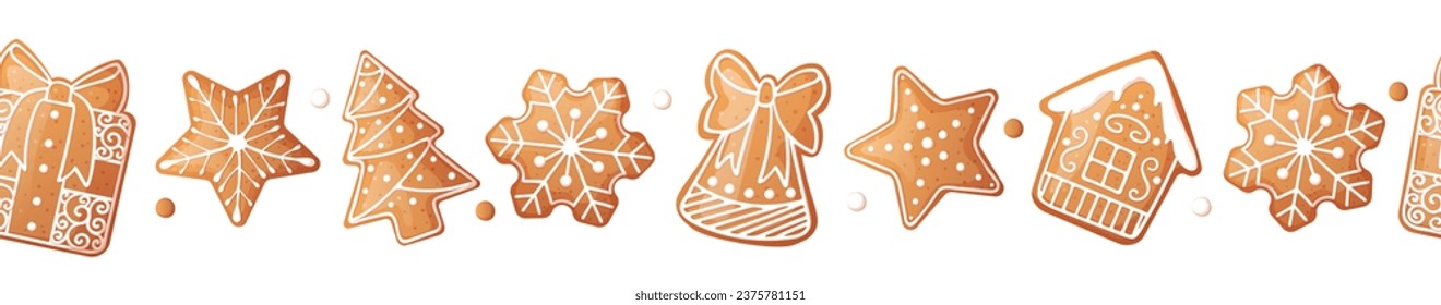 Seamless border with gingerbread cookies. Christmas ornament with gingerbread cookies on isolated background. Suitable for design of greeting cards, gifts, decorative tape, ribbon