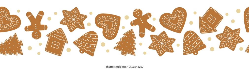 Seamless border of gingerbread cookies. Winter homemade sweets on white background. Vector illustration