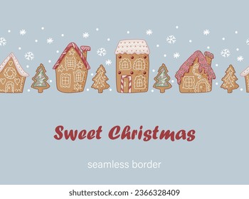 Seamless border with gingerbread houses and christmas trees. Vector illustration.