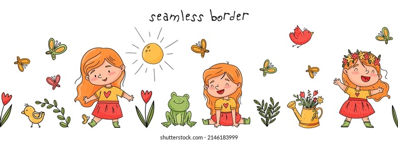 Seamless border girl and wreath her head  Around flowers  birds  butterflies  frog  sun  Vector illustration for designs  prints   patterns  Isolated white background
