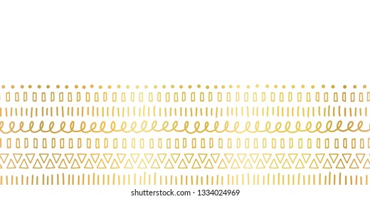 Seamless border Gold foil Ethnic and tribal motifs. Hand drawn golden strokes, lines, triangles repeating ribbon. Use as modern decor for cards, poster, invitation, wedding, celebration, banner