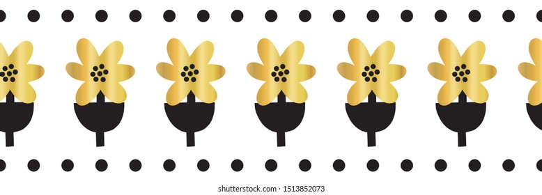 Seamless border Gold foil flowers vector. Shiny metallic golden florals and black leaves. Elegant Scandinavian style hand drawn design for banner, card decor, ribbon, trim, celebration, party invite