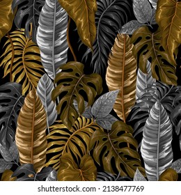 Seamless border with gold tropical leaves, interior wallpaper. Vector.