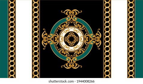 Seamless  border with golden baroque element, chains on a black background. EPS10 Illustration.