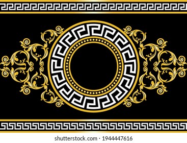 Seamless  border with golden baroque element, greek motif on a black background. EPS10 Illustration.