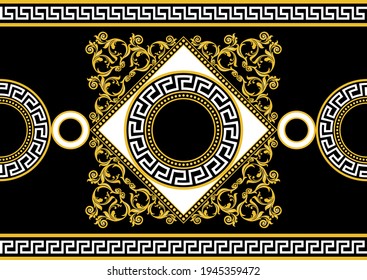 Seamless  border with golden baroque element, greek motif on a black background. EPS10 Illustration.