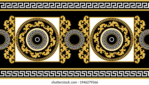 Seamless  border with golden baroque element, chains on a black background. EPS10 Illustration.