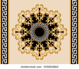 Borde sin foco con un elemento barroco dorado, cadenas griegas sobre un fondo negro. Ilustración EPS10.