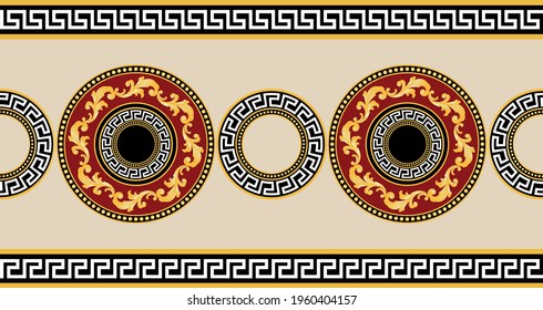 Nahtlose Grenze mit goldenem barocken Element griechisches Motiv auf beigem Hintergrund. EPS10-Illustration.