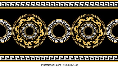 Seamless  border with golden baroque element, chain on a black background. EPS10 Illustration.