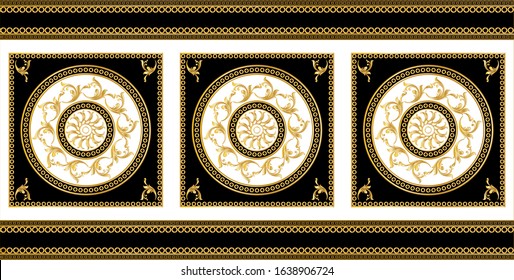 Seamless border with golden baroque elements on a black white    background. EPS10 Illustration.