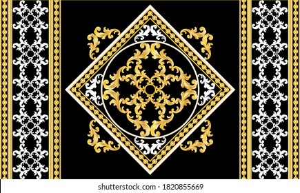 Seamless border with golden baroque elements, chains on a black  background. EPS10 Illustration.