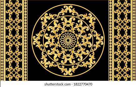 Seamless border with golden baroque elements, chains on a black  background. EPS10 Illustration.