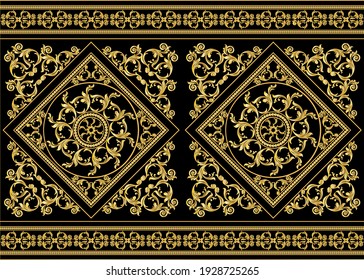 Seamless border with golden baroque elements, chains on a black background. EPS10 Illustration.