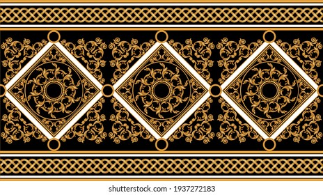 Nahtlose Grenze mit goldenen barocken Elementen, Ketten auf schwarzem Hintergrund. EPS10-Illustration.