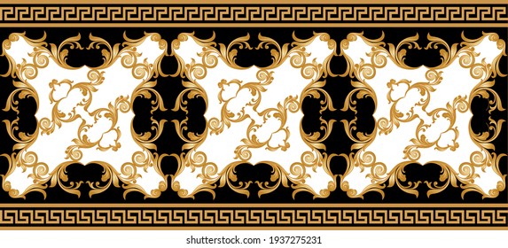 Seamless border with golden baroque elements, chains on a black background. EPS10 Illustration.