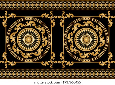 Seamless border with golden baroque elements, chains on a black background. EPS10 Illustration.