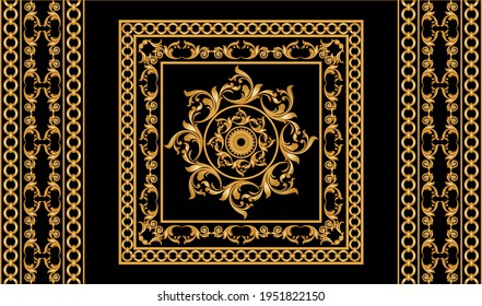 Seamless border with golden baroque elements, chains on a black background.EPS10 Illustration.