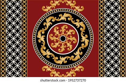 Seamless border with golden baroque elements, chains on a red background.EPS10 Illustration.