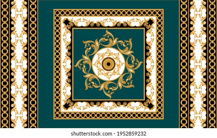 Seamless border with golden baroque elements, chains on a green background.EPS10 Illustration.