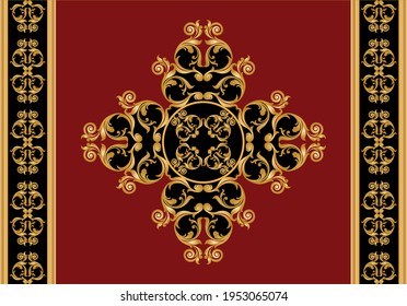 Seamless border with golden baroque elements on a red background.EPS10 Illustration.