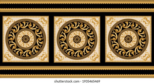 Seamless border with golden baroque floral elements on a black background. EPS10 Illustration.