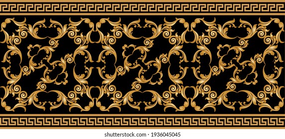 Seamless border with golden baroque floral elements, greek motif on a black background. EPS10 Illustration.