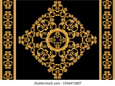 Seamless border with golden baroque floral elements on a black background. EPS10 Illustration.