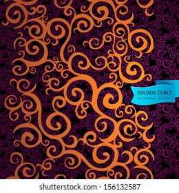 Seamless border with golden curls. Endless east style background of scrollwork. It can be used for decorating of invitations, greeting cards, decoration for bags.