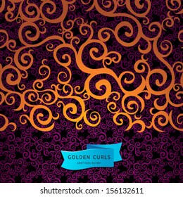 Seamless border with golden curls. Endless east style background of scrollwork. It can be used for decorating of invitations, greeting cards, decoration for bags.