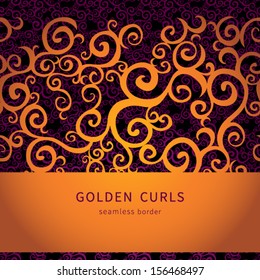 Seamless border with golden curls. Endless east style background of scrollwork with place for your text. It can be used for decorating of invitations, greeting cards, decoration for bags.