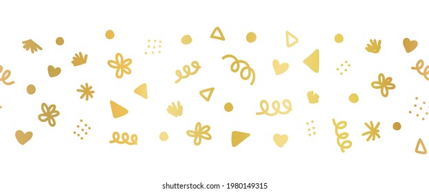 Seamless border with golden decorative party sprinkle scribble doodle shapes. Repeating horizontal banner vector pattern metallic gold foil. For footer, divider, ribbon, trim, party decor, birthdays