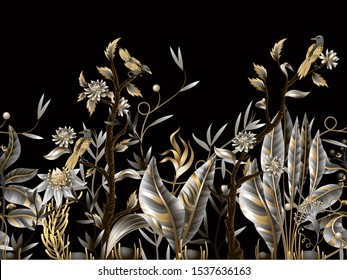 Seamless border with golden and metallic leaves, flowers and birds. Vector.