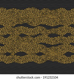 Seamless border with a golden waves from dots. Background similar to ripples on the sea. Ornamental brocade backdrop. Ornate decor for wallpaper. Endless texture. Spotted pattern fill. 