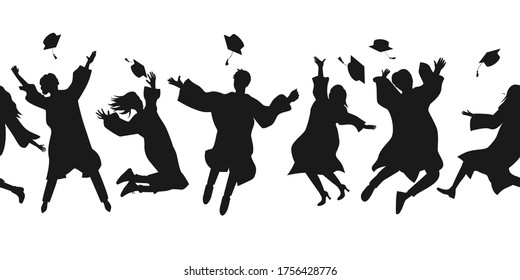 Seamless border with graduate students in graduation clothing jumping and throwing the mortarboard high into the air. Flat vector illustration pattern isolated on white.