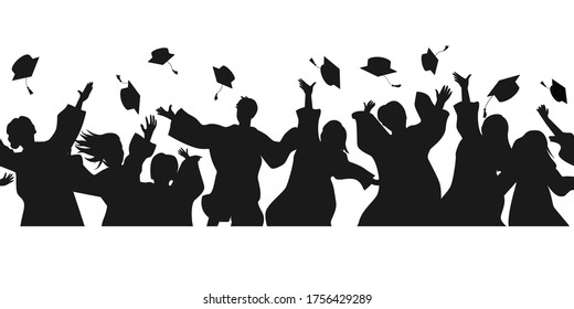 Seamless Border With Graduate Students In Graduation Clothing Jumping And Throwing The Mortarboard High Into The Air. Flat Vector Illustration Pattern Isolated On White.