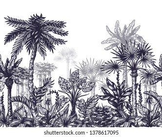 Seamless border with graphic tropical trees such as palm, banana, monstera for interior design.