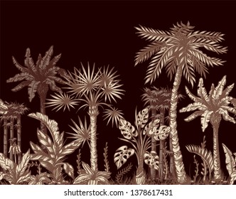 Seamless border with graphic tropical trees such as palm, banana, monstera for interior design. 