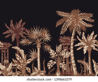 Seamless border with graphic tropical trees such as palm, banana, monstera for interior design. Vector
