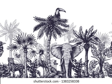 Seamless border with graphical tropical tree such as palm, banana and jungle animals.