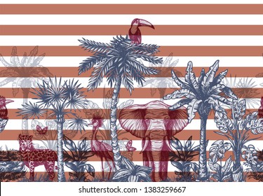 Seamless border with graphical tropical tree such as palm, banana and jungle animals.